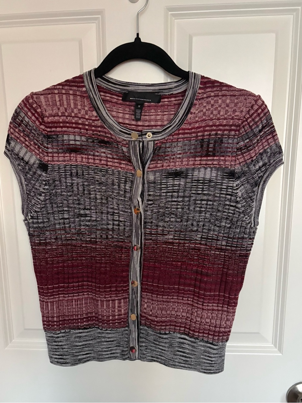 White House Black Market Burgundy and Gray Short Sleeve Button-Front Top